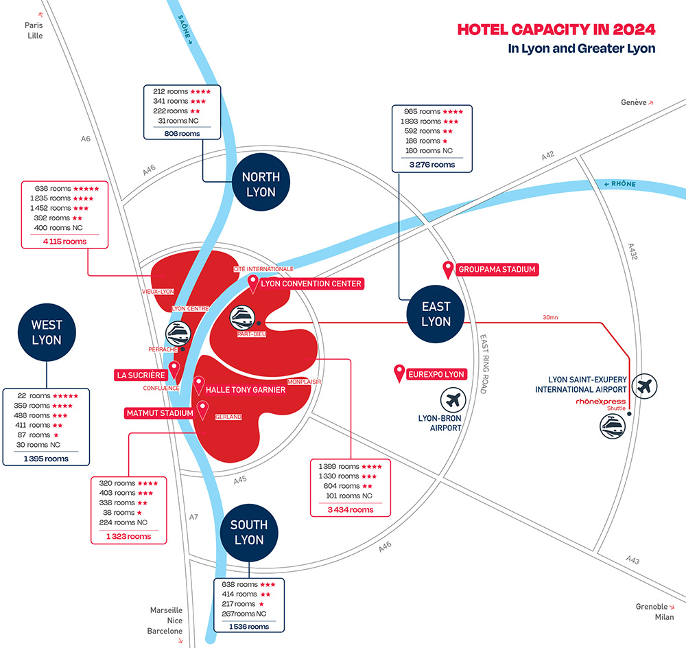 Hotel capacities in Lyon and Greater Lyon - the map