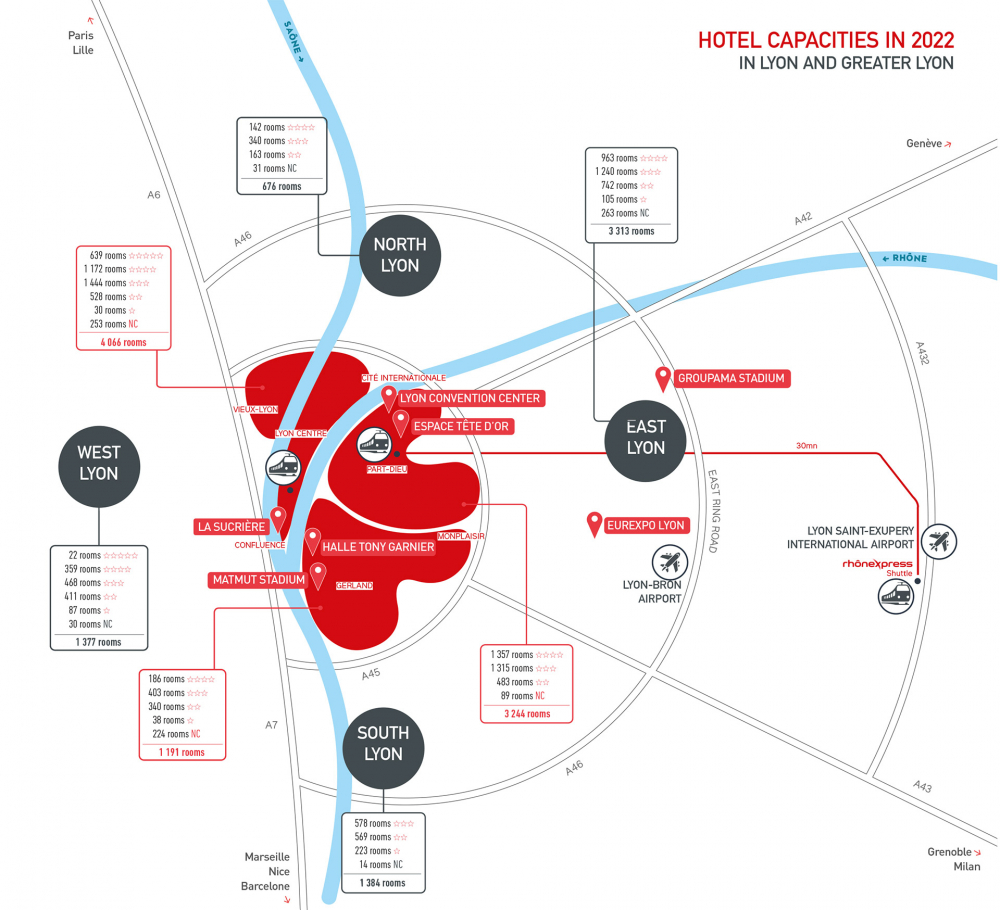 Hotel capacities in Lyon and Greater Lyon - the map
